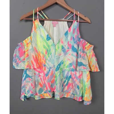 Lilly Pulitzer XS Cold Shoulder Top Ruffle Bright Multicolor Tropical Blouse