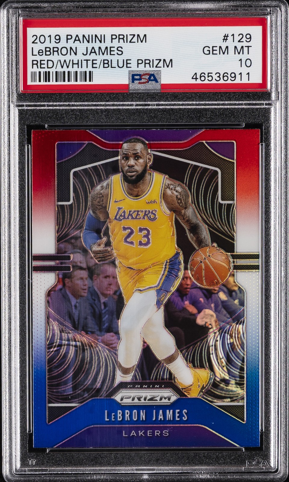 2019 PANINI PRIZM RED/WHITE/BLUE PRIZM #129 LEBRON JAMES PSA 10
