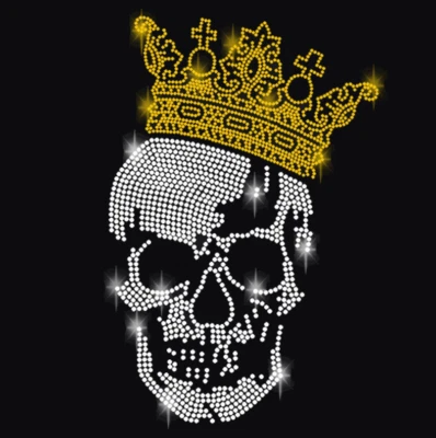 XL pedrería calavera cráneo cráneo imagen para planchar aplicación oro corona rey