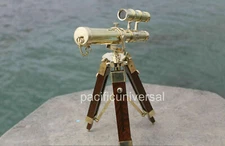 Solid Brass Nautical Double Barrel Imperial Telescope With Wooden Tripod Stand 
