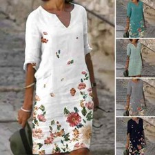 Womens V Neck Floral Short Sleeve Midi Dress Ladies Casual Baggy Kaftan Dresses