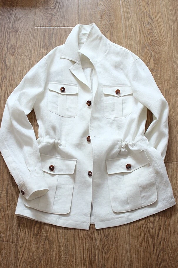 British Men's 100% Linen Safari Jacket Pockets Slim Fit Hunting Coat Casual Tops - Image 2 of 4