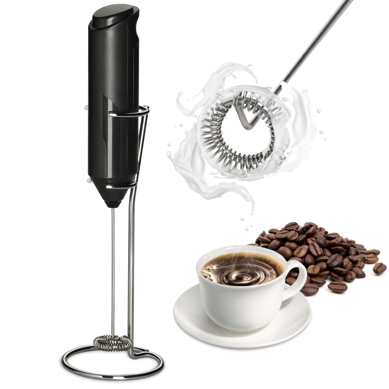 Milk Frother Handheld with Stainless Steel Stand Battery Operated Whisk Maker...-image