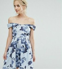 Chi Chi London Petite Mini Bardot Floral Graduation Dress Blue Size 14 RRP £115