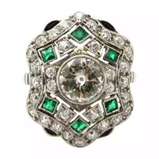 Gorgeous Art Deco Style Old European Cut White CZ and Emerald Engagement Ring