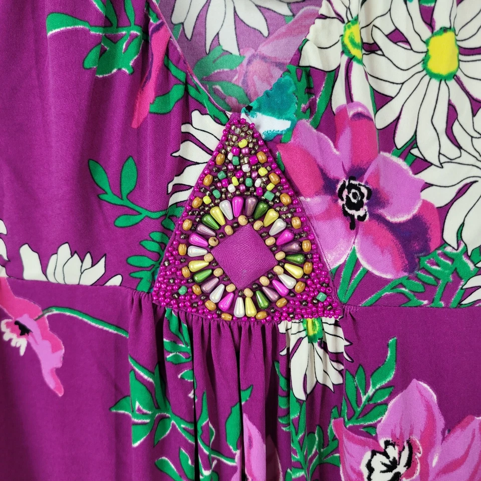 Novo Vestido de Festa ECI tamanho 14 Elástico Roxo Floral Frisado Frente Joelho Comprimento Verde - Imagem 4 de 4