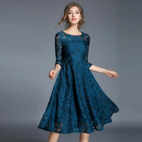 Vestido Europeo Para Mujer Encaje Manga 3/4 Columpio Calce Ajustado Línea A Fiesta Cóctel Vestido - Imagen 10 de 19