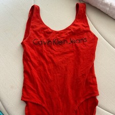 CALVIN KLEIN Jeans Women's CK Monogram Logo Scoop Back Bodysuit White Size L