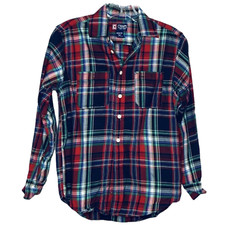 Chaps Boy's Collared Dress Shirt Plaid Tartan Oxford Button Down Red Size M