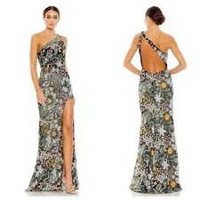 Mac Duggal Embellished Floral One Shoulder Side Slit Gown Multicolor Size 10 NWT
