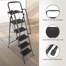 5 Step Non-Slip Stool Ladder 330 lbs with Handrails folding Tool Tray Platform