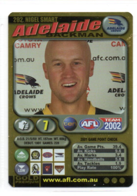 2002 AFL TEAMCOACH GOLD PARALLEL CARD - 202 Nigel SMART (ADELAIDE)