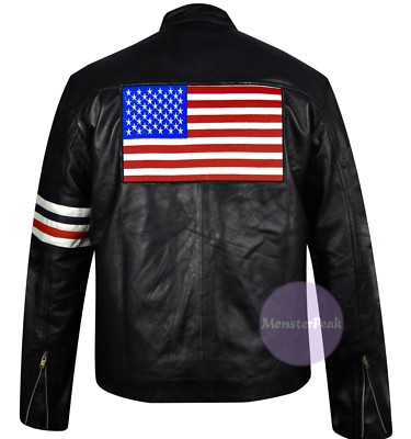 Peter Fonda Easy Rider Black Biker Leather Jacket '' With US FLAG '', XXS - 5XL