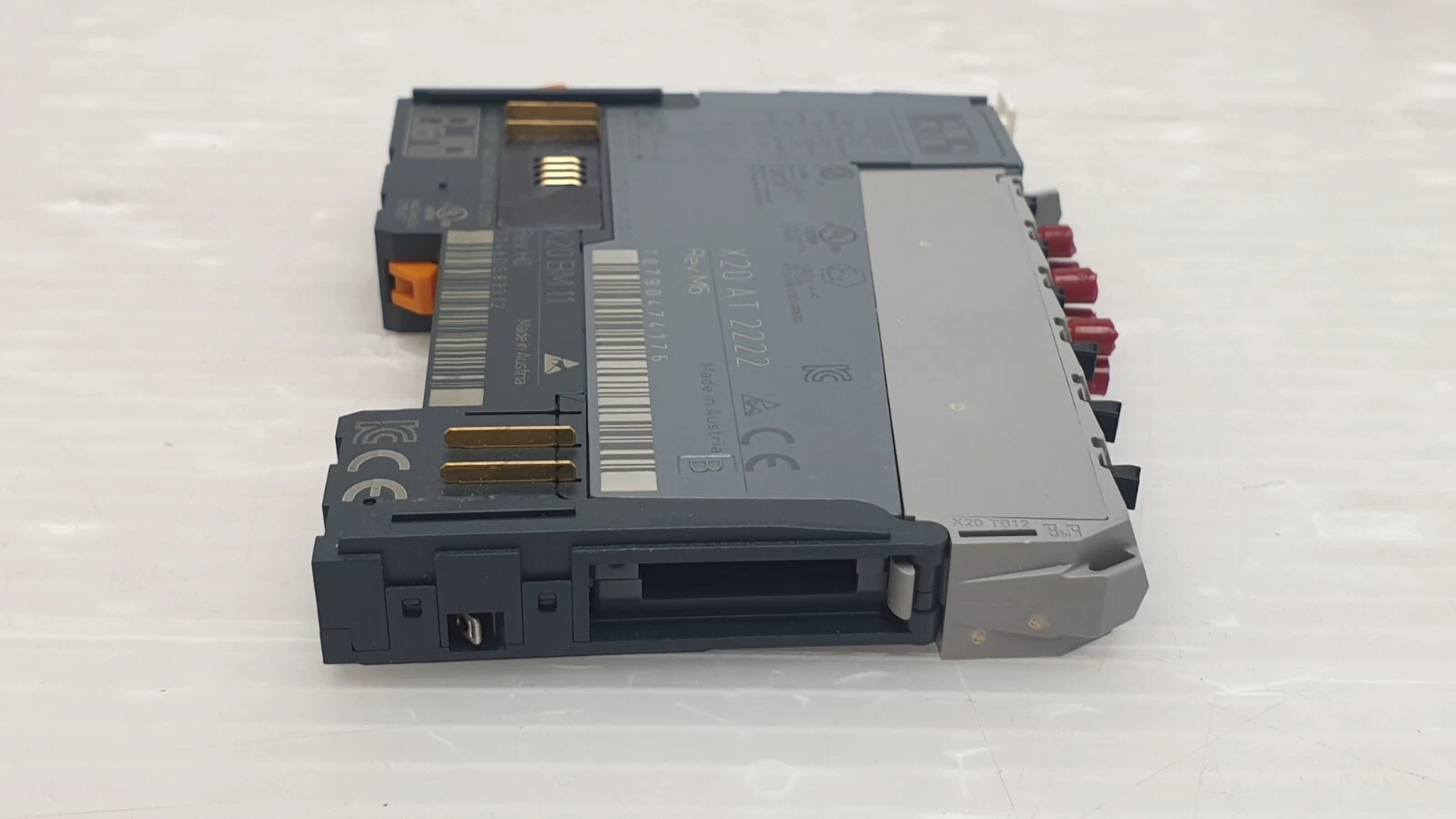 B&R X20AT2222 seen from the top edge with the X20 TB12 terminal block