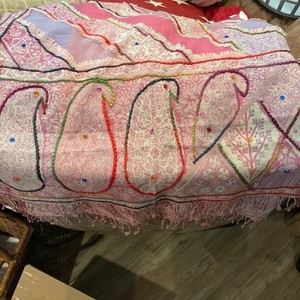 SHE 100% WOOL BOHO EMBROIDERED SHAWL / WRAP / SCARF MULTICOLOR RHINESTONE FRINGE
