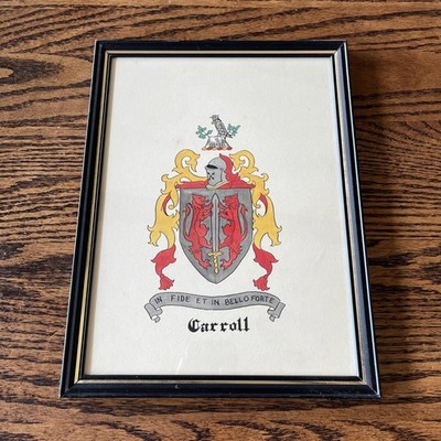 Vtg Family Crest Surname Carroll Hand Drawn Ink Pen  In Fide Et In Bello Forte 