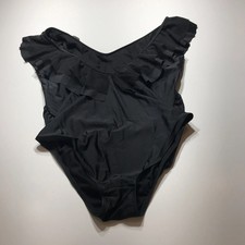 Black Ruffle Neck One Piece Swimsuit V-Neck Ruched Low Back Womens Size XL