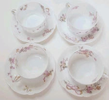 Haviland & Co Limoges Schleiger Ribbon & Flower Pattern Teacup & Saucer Set of 4