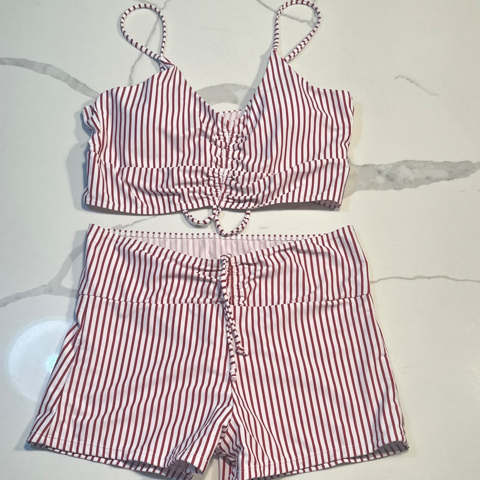 Women’s Pink/White Striped 2-Piece Bikini Set, Polyester Swim Shorts, L