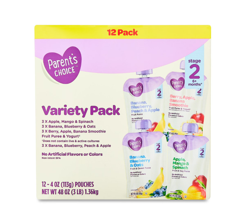 Parent's Choice Stage 2 Baby Food Variety Pack, 4 oz Pouch, 12 Pack