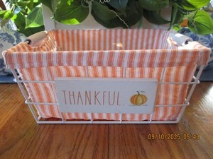 Rae Dunn Harvest "Thankful" White Wire Basket Orange/White Liner 11"x9"x5"- Mint