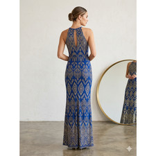 Jump Apparel Blue Gold Geometric Glitter Maxi Gown Dress Y2K Vintage 3/4