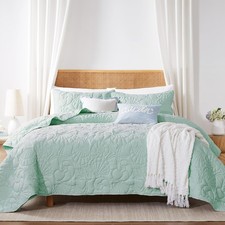 Coastal Beach Queen Size Quilt Bedding Sets, Seafoam Green Nautical Tropical Oce