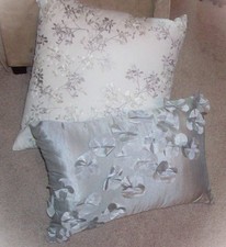 2 THROW PILLOWS Satiny Gray with Petals & Whi...