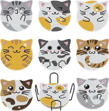 Diamond Coasters Art Painting Kit, 8pcs Diamond Art Coasters with Holder Cat