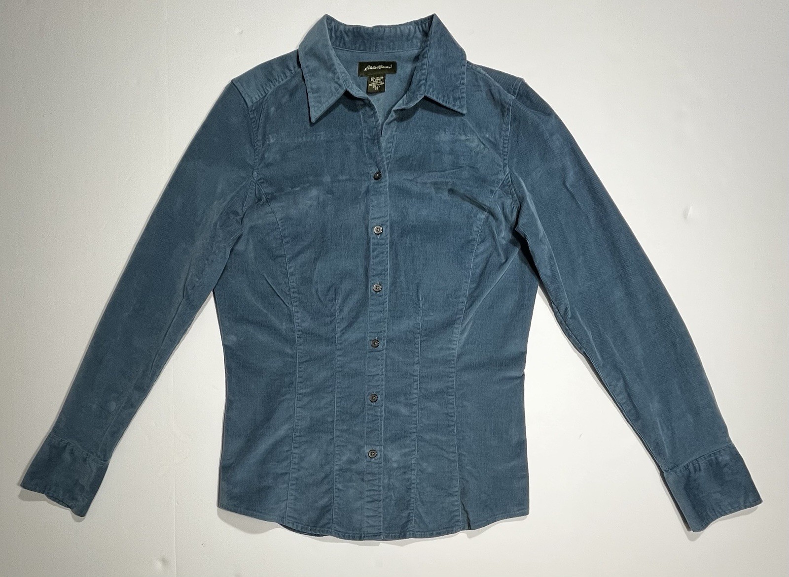 Eddie Bauer Women’s Medium Tall Blue Stretch Corduroy Button Front Shirt M Tall