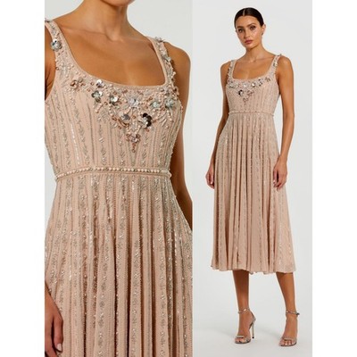 NWT Mac Duggal Rose Pink Scoop Neck Beaded Georgette Midi Dress $598 - Size 4