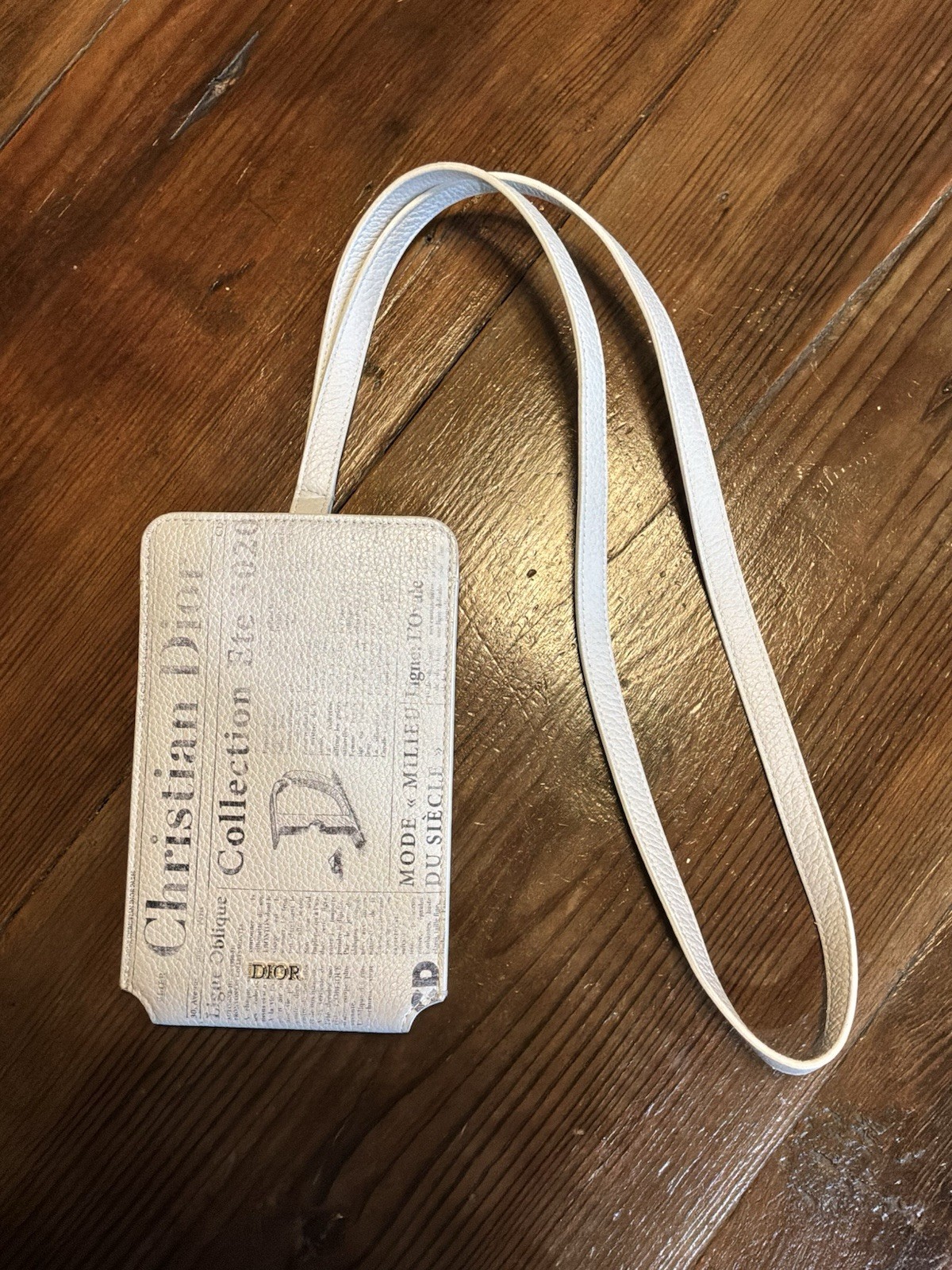 Christian Dior Newspaper Print Leather Phone Pouch White Silver DIOR Plaque