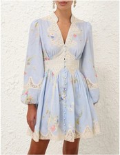 BNWT  Zimmermann Lace Plunge Mini Dress Blue Bouquet Floral Size 2 US 8 Uk 12