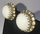 Vintage Kramer Clip On Earrings Rounded White Cabochon w Rhinestone Border 1"