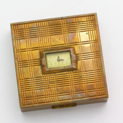Evans Gold Tone Art Deco Plaid Ladies Compact & Mirror with Watch ca. 1940's