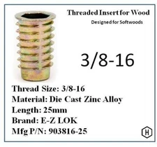 E-Z LOK 3/8-16 x 25mm Flanged Thread Insert  for Wood Die Cast Zinc (10 Pcs)