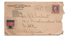 1913 Postal Cover , Advertising Litchfield hardware Minnesota w/ Flag shield  
