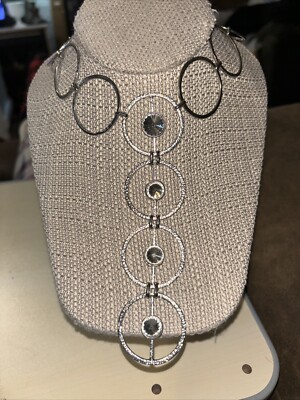 18  Silver Tone Large Loop Y Necklace With CZ Rhinestones