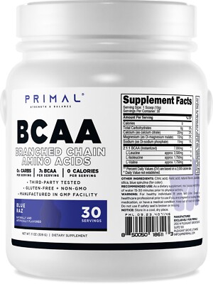 Primal BCAA Powder Blue Raz (30 SERV) (Blue Raspberry Flavored) - 0 g Carbs