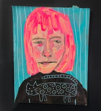 Woman & Cat Portrait Painting Pink & Teal Naive Expressive Outsider Wall Art