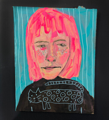 Woman & Cat Portrait Painting Pink & Teal Naive Expressive Outsider Wall Art