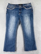 Premiere Pants Women 13 Blue Denim Jean Embroidered Bling Studded Raw Hem Emie