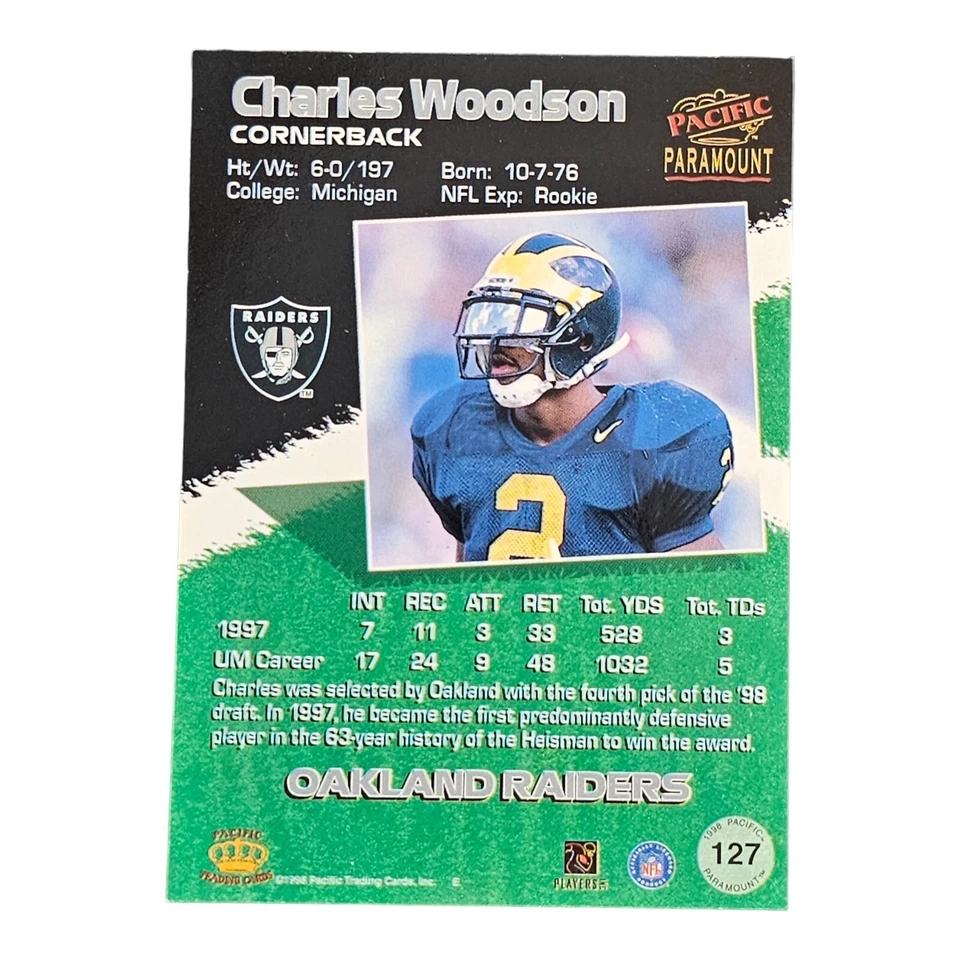 1998 Pacific Paramount Charles Woodson #127 Rookie RC HOF Green Bay Packers - Image 2 of 2