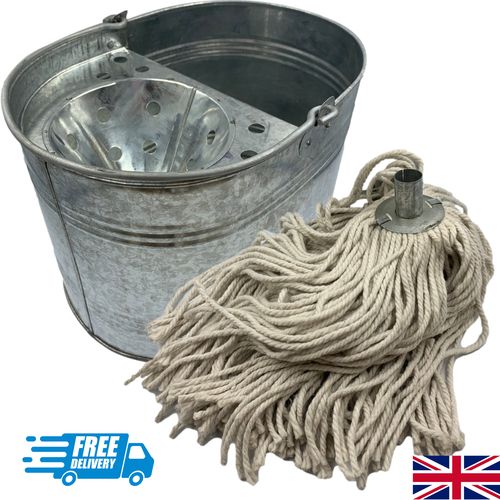 Metal Mop Bucket and Mop Head Set Galvanised Large Capacity Strong