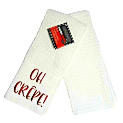 Master Cuisine OH CREPE! Kitchen Towels Red Embroidered on White 2-Piece NWT