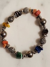 Silver Tone Beaded Natural Stone Stretch Bracelet