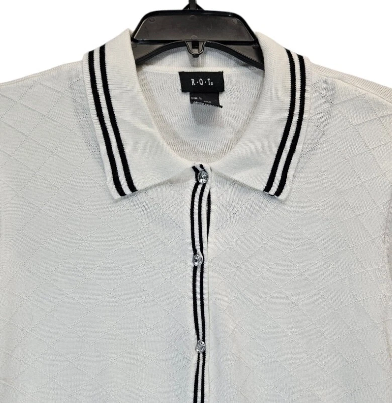 Cárdigan RQT Grande Blanco Negro Abotonado Rayas Doble Capa Cuadros Foto 3 de 4