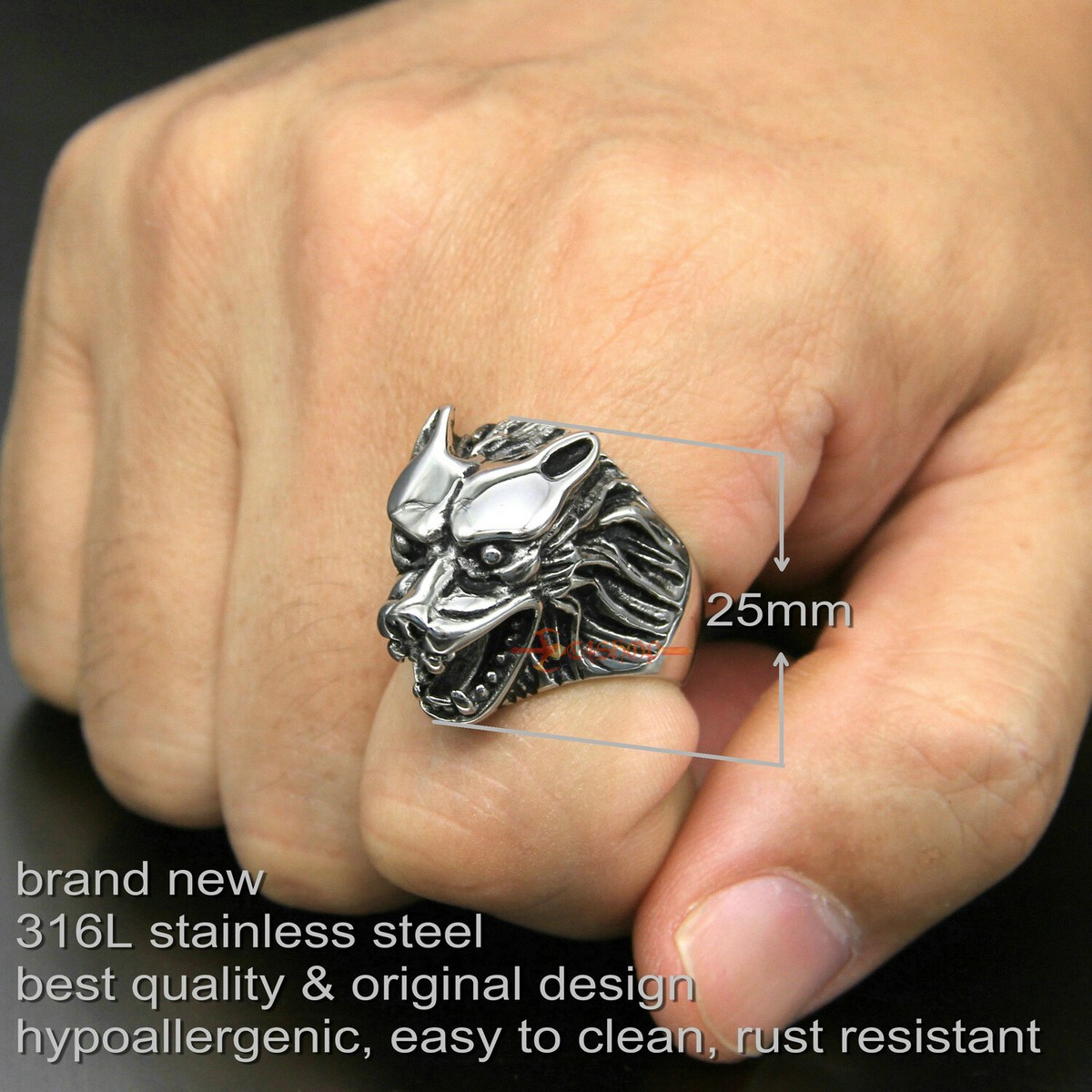 LISNION Heavy Sterling Silver Wolf Ring For Men - Biker Style, Size #10-#15, Weight 46g, 925 Silver - View #8