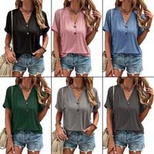 Women T-shirt V-Neck Tops Solid Loose Casual Button Fashion Short Sleeve Tops