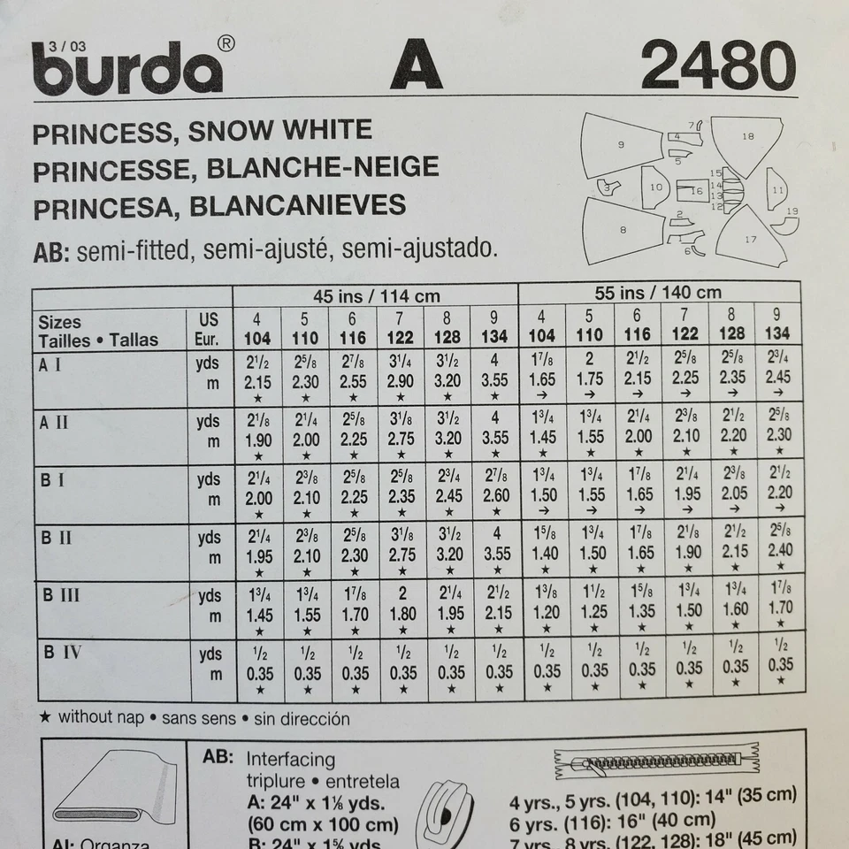 Burda Pattern 2480 Girls Costume Snow White 2 Dresses Cape Sz 4 - 9 UNCUT - Image 4 of 4